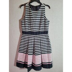 Just Taylor Dress Pleated Textured Fit Flare Black Pink Stripe Casual Dress 10